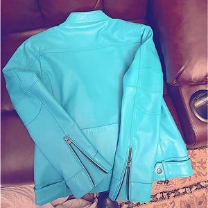 Vibrant, aqua, blue, sheepskin, leather jacket, size M, only been worn one time.